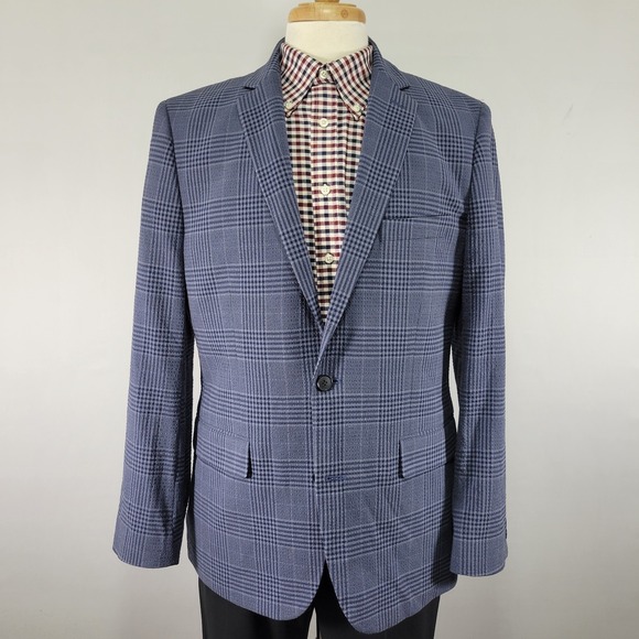 APT.9 Men's Sport Coat Blazer Two Button Blue Plaid Poly Blend Seersucker 42R
